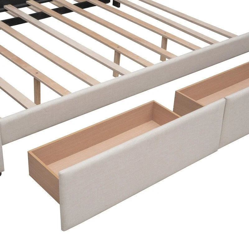 Cama Queen Size con 2 cajones de almacenaje y cama nido individual XL, estructura de cama queen tapizada con cabecero capitoné
