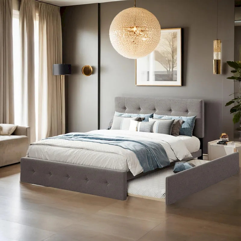 Cama Queen Size con 2 cajones de almacenaje y cama nido individual XL, estructura de cama queen tapizada con cabecero capitoné