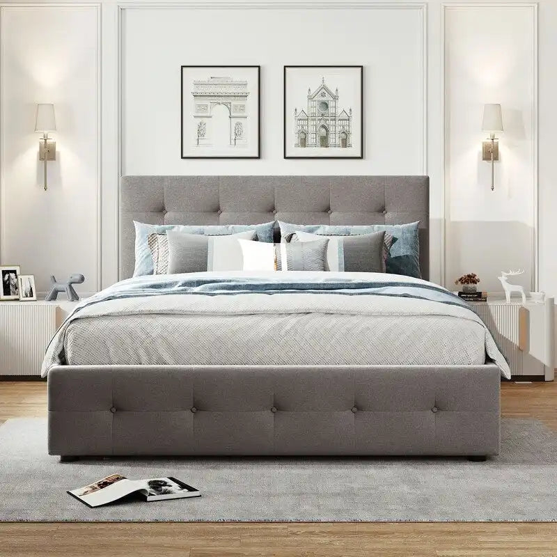 Cama Queen Size con 2 cajones de almacenaje y cama nido individual XL, estructura de cama queen tapizada con cabecero capitoné