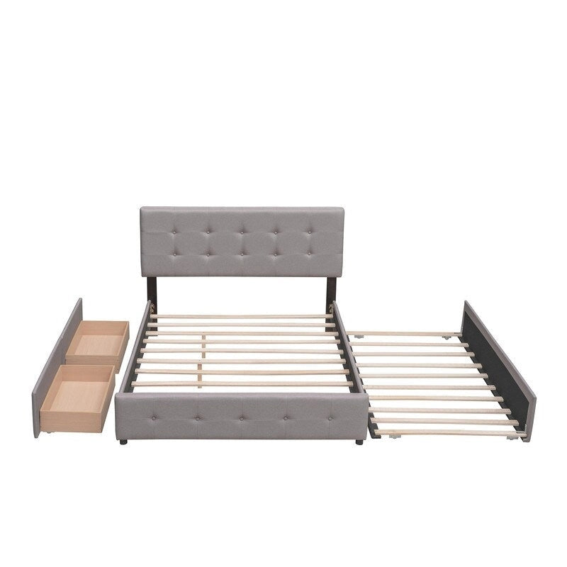 Cama Queen Size con 2 cajones de almacenaje y cama nido individual XL, estructura de cama queen tapizada con cabecero capitoné