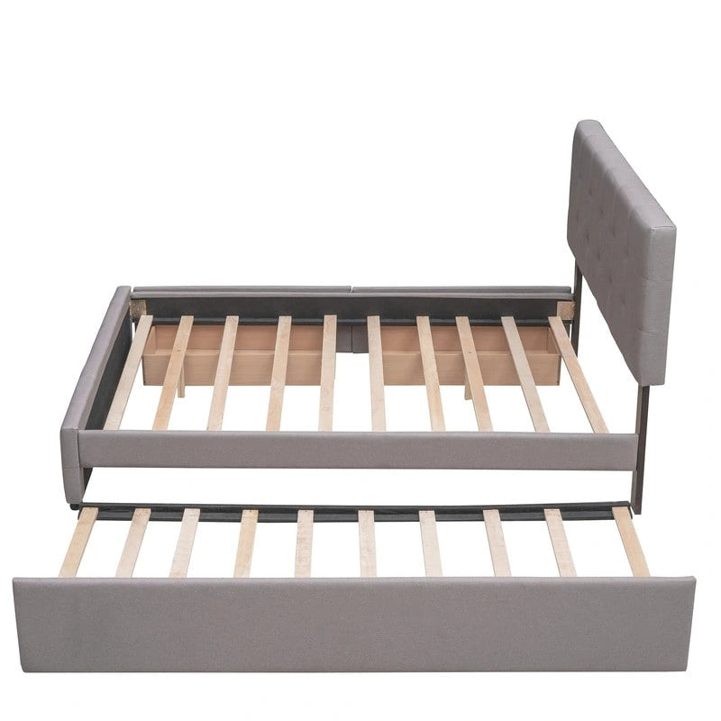 Cama Queen Size con 2 cajones de almacenaje y cama nido individual XL, estructura de cama queen tapizada con cabecero capitoné