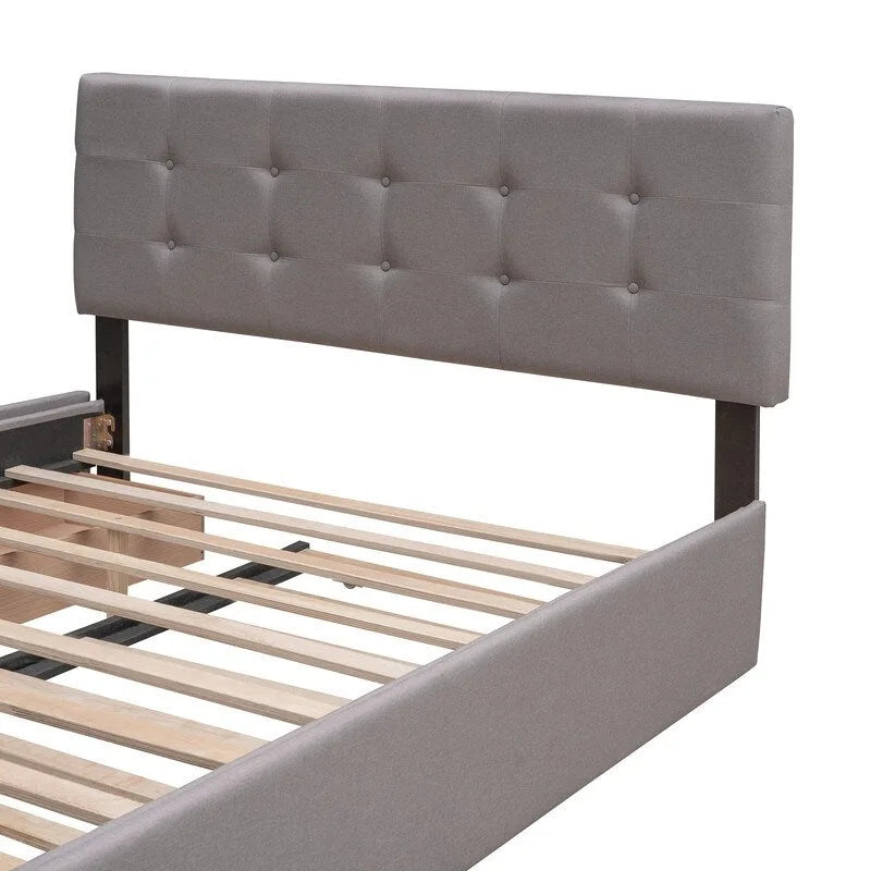 Cama Queen Size con 2 cajones de almacenaje y cama nido individual XL, estructura de cama queen tapizada con cabecero capitoné