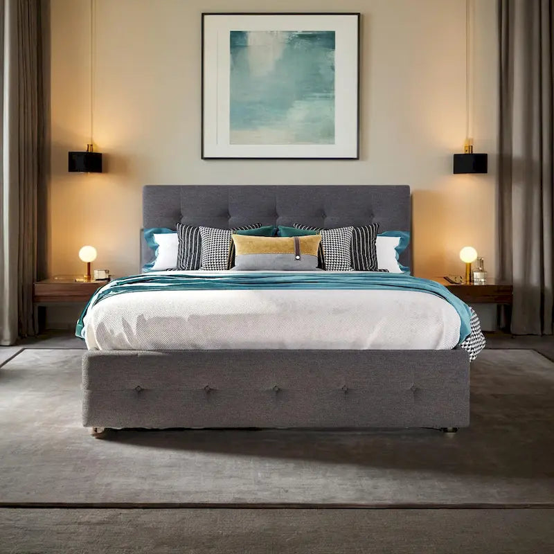 Cama Queen Size con 2 cajones de almacenaje y cama nido individual XL, estructura de cama queen tapizada con cabecero capitoné