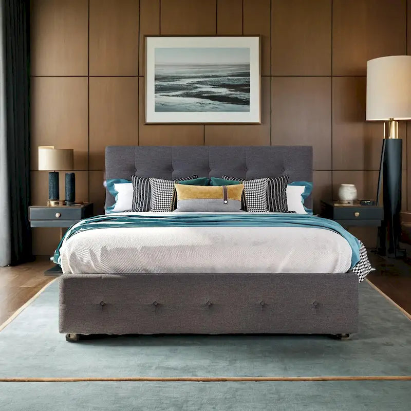 Cama Queen Size con 2 cajones de almacenaje y cama nido individual XL, estructura de cama queen tapizada con cabecero capitoné