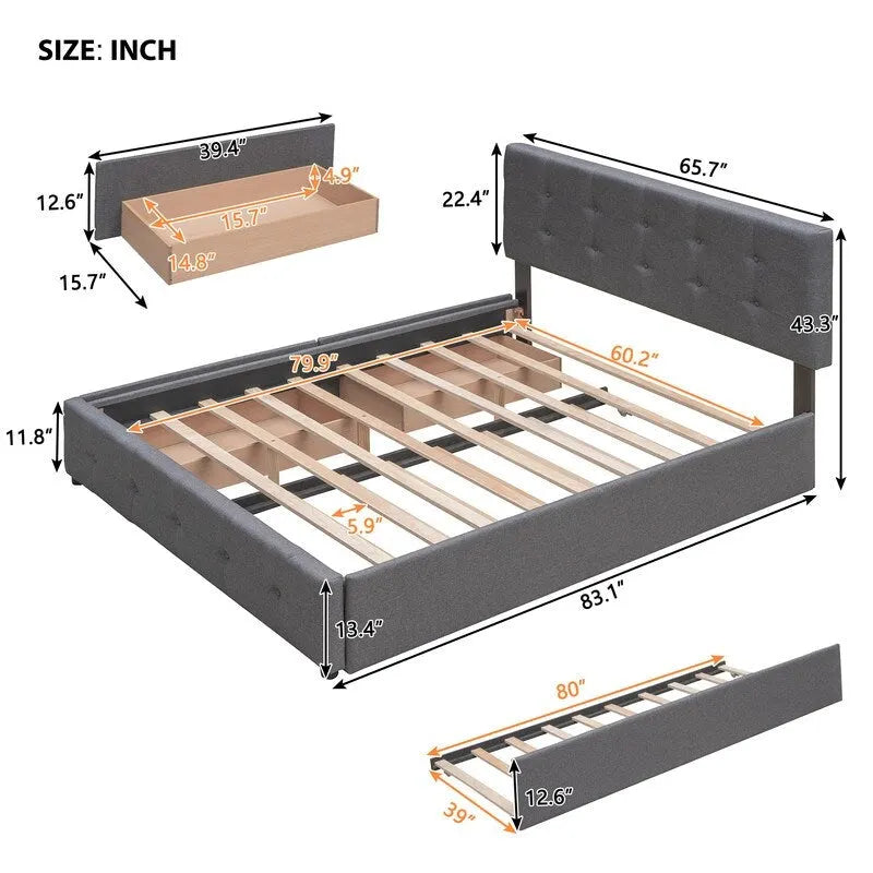 Cama Queen Size con 2 cajones de almacenaje y cama nido individual XL, estructura de cama queen tapizada con cabecero capitoné