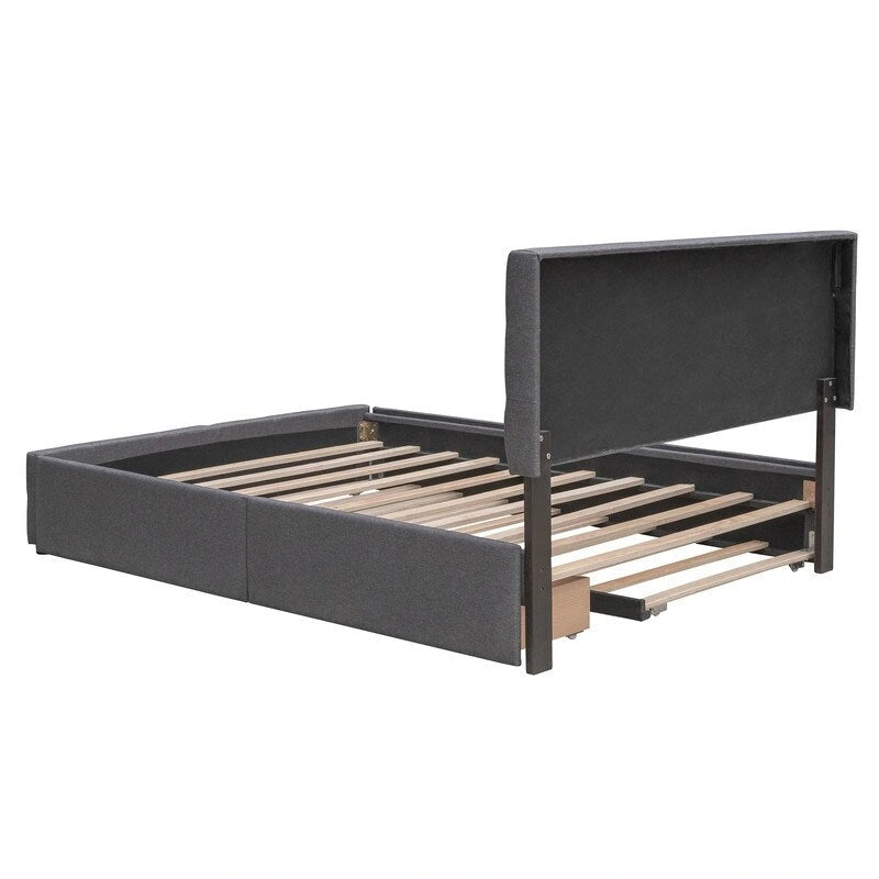 Cama Queen Size con 2 cajones de almacenaje y cama nido individual XL, estructura de cama queen tapizada con cabecero capitoné