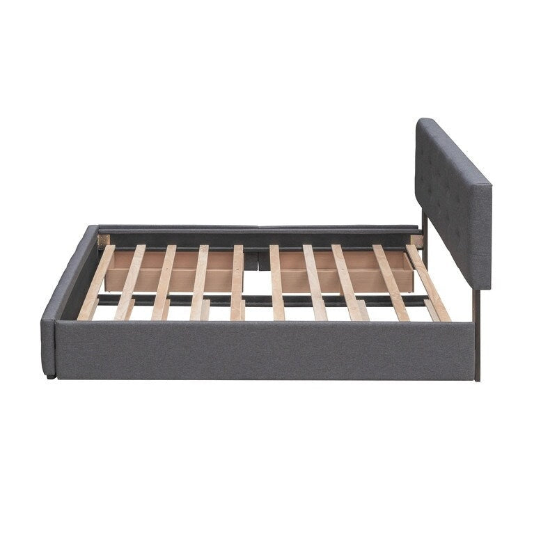 Cama Queen Size con 2 cajones de almacenaje y cama nido individual XL, estructura de cama queen tapizada con cabecero capitoné
