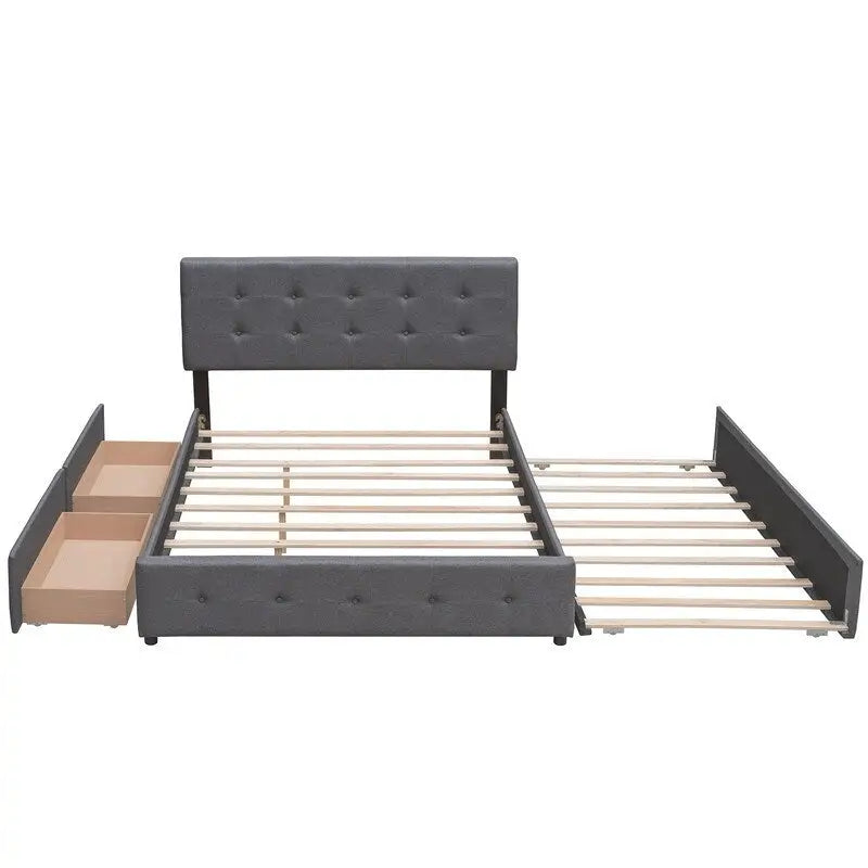 Cama Queen Size con 2 cajones de almacenaje y cama nido individual XL, estructura de cama queen tapizada con cabecero capitoné