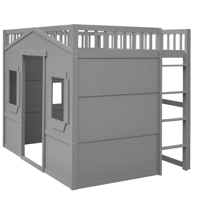 Cama alta tipo casa de tamaño completo con escalera - Gris