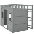 Cama alta tipo casa de tamaño completo con escalera - Gris