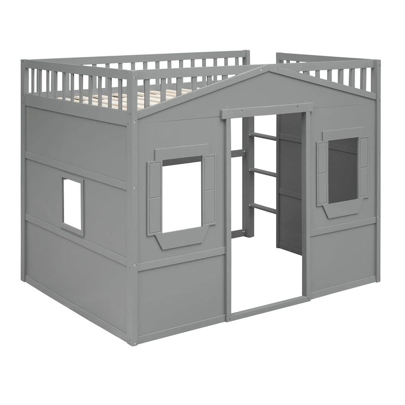Cama alta tipo casa de tamaño completo con escalera - Gris