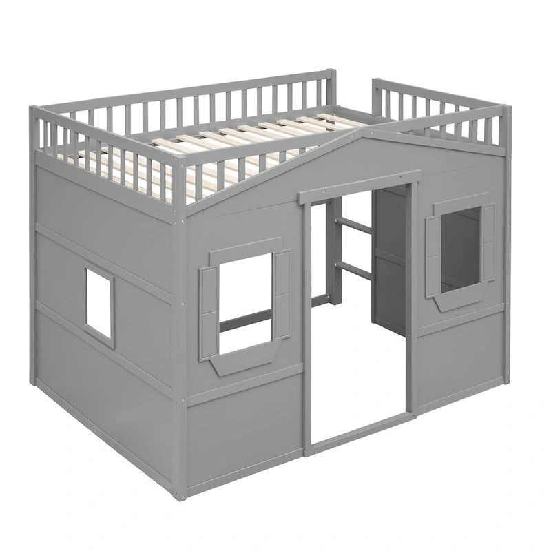 Cama alta tipo casa de tamaño completo con escalera - Gris