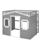 Cama alta tipo casa de tamaño completo con escalera - Gris