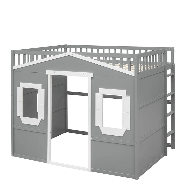 Cama alta tipo casa de tamaño completo con escalera - Gris