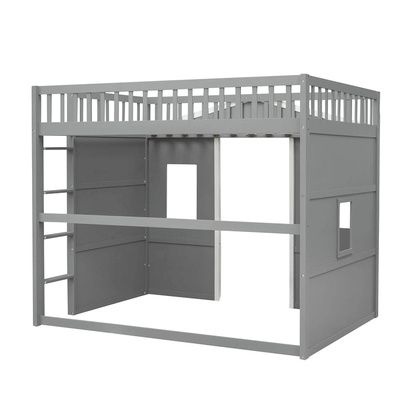 Cama alta tipo casa de tamaño completo con escalera - Gris