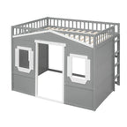 Cama alta tipo casa de tamaño completo con escalera - Gris