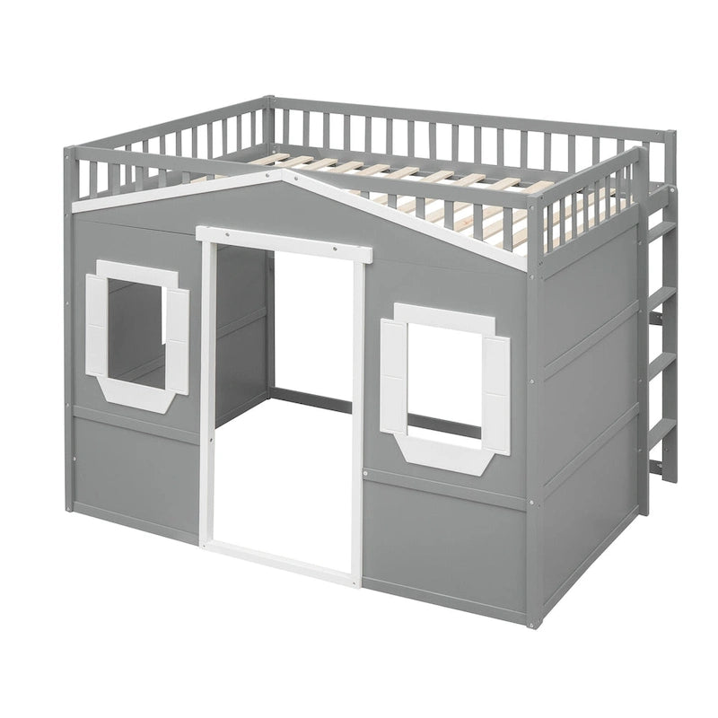 Cama alta tipo casa de tamaño completo con escalera - Gris