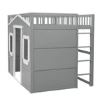 Cama alta tipo casa de tamaño completo con escalera - Gris