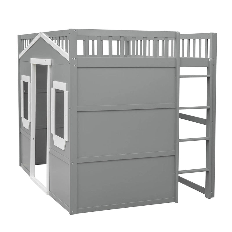 Cama alta tipo casa de tamaño completo con escalera - Gris
