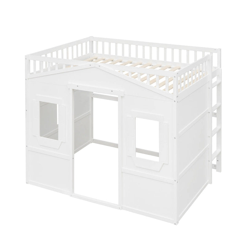 Cama alta tipo casa de tamaño completo con escalera - Gris
