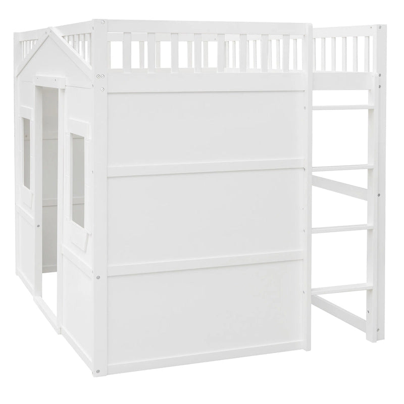 Cama alta tipo casa de tamaño completo con escalera - Gris