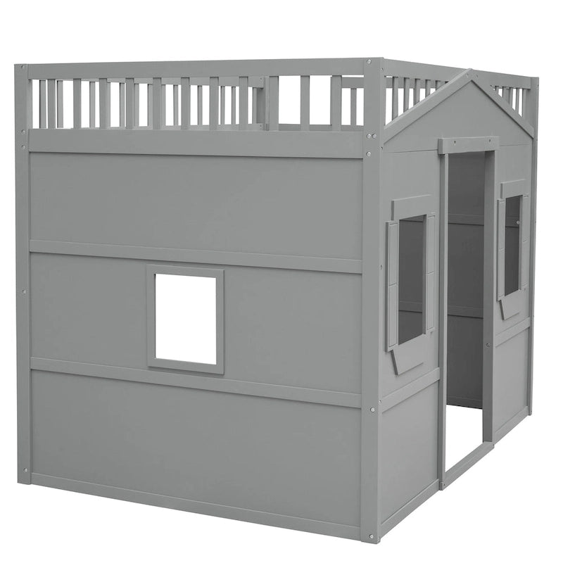 Cama alta tipo casa de tamaño completo con escalera - Gris