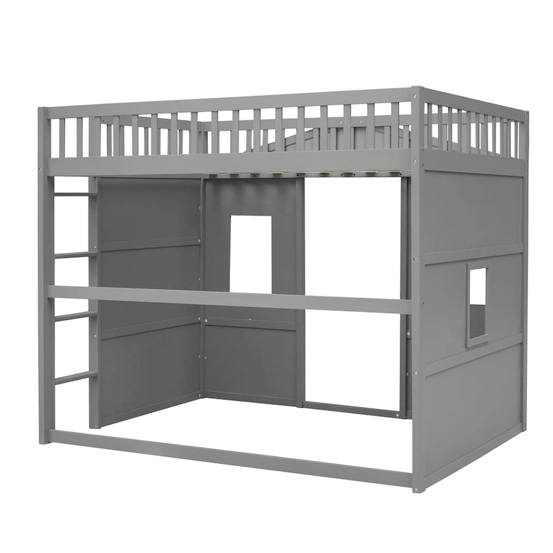 Cama alta tipo casa de tamaño completo con escalera - Gris