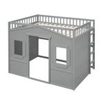 Cama alta tipo casa de tamaño completo con escalera - Gris