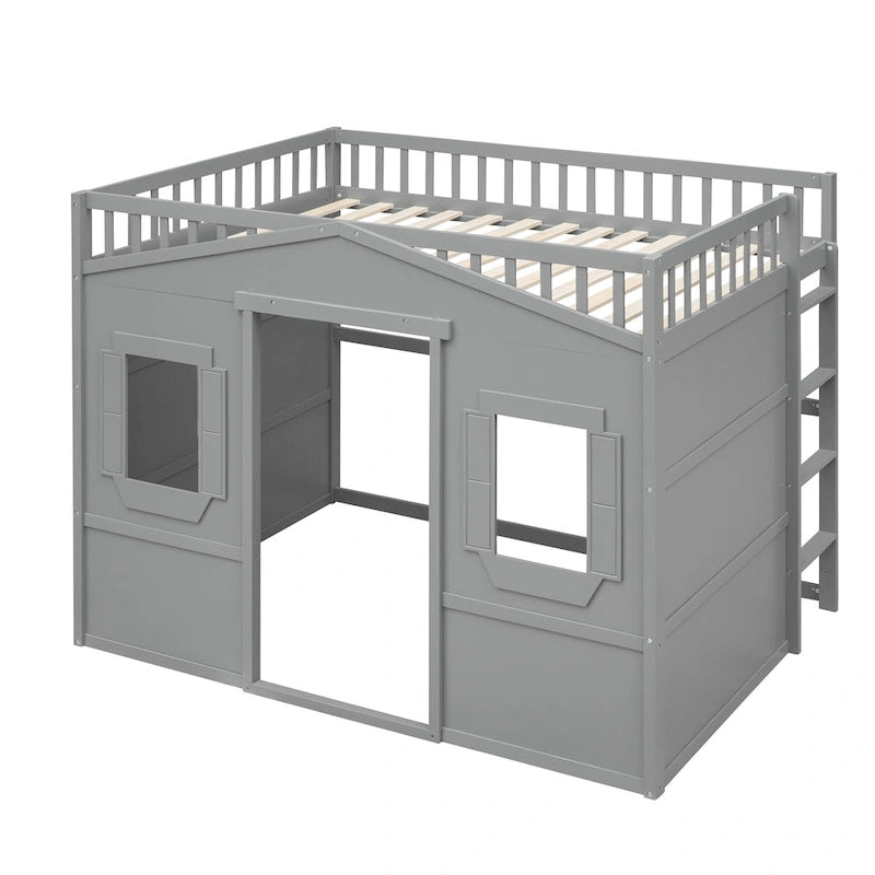 Cama alta tipo casa de tamaño completo con escalera - Gris