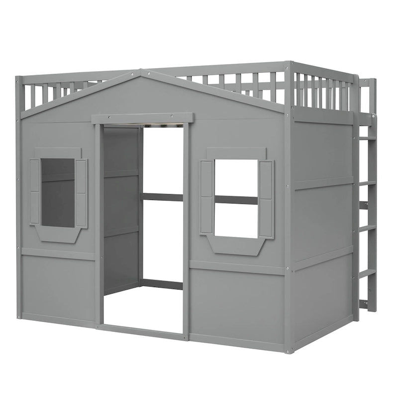Cama alta tipo casa de tamaño completo con escalera - Gris