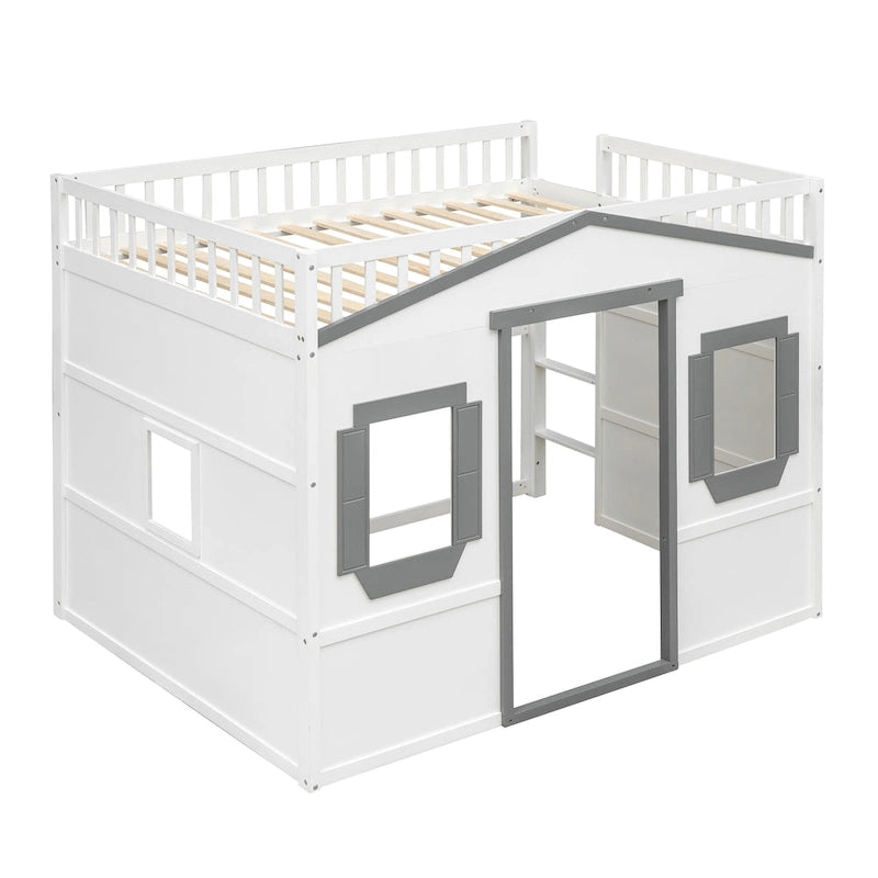 Cama alta tipo casa de tamaño completo con escalera - Gris