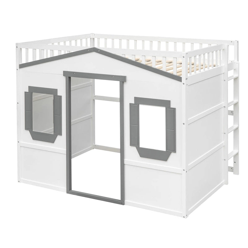 Cama alta tipo casa de tamaño completo con escalera - Gris