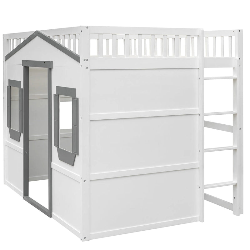 Cama alta tipo casa de tamaño completo con escalera - Gris