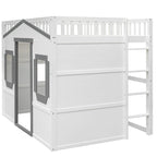 Cama alta tipo casa de tamaño completo con escalera - Gris