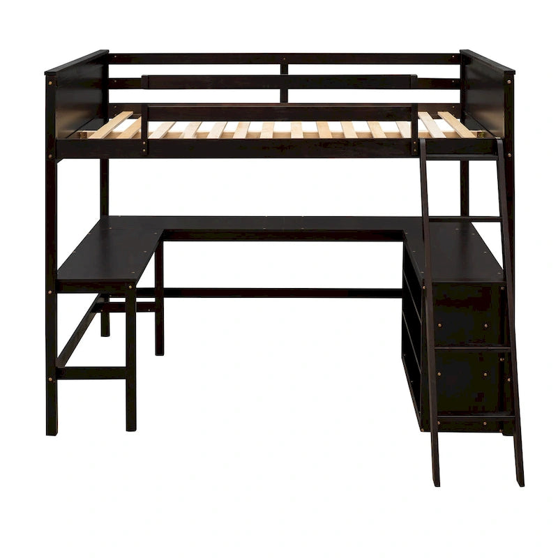 Cama alta de tamaño completo con estantes y escritorio, Cama alta de madera con escritorio - Espresso