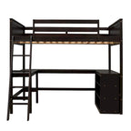 Cama alta de tamaño completo con estantes y escritorio, Cama alta de madera con escritorio - Espresso
