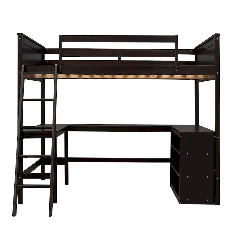 Cama alta de tamaño completo con estantes y escritorio, Cama alta de madera con escritorio - Espresso