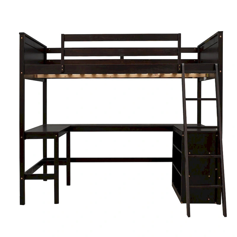 Cama alta de tamaño completo con estantes y escritorio, Cama alta de madera con escritorio - Espresso