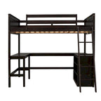 Cama alta de tamaño completo con estantes y escritorio, Cama alta de madera con escritorio - Espresso