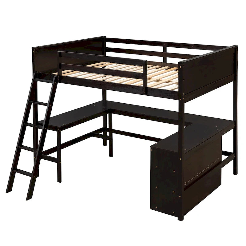 Cama alta de tamaño completo con estantes y escritorio, Cama alta de madera con escritorio - Espresso