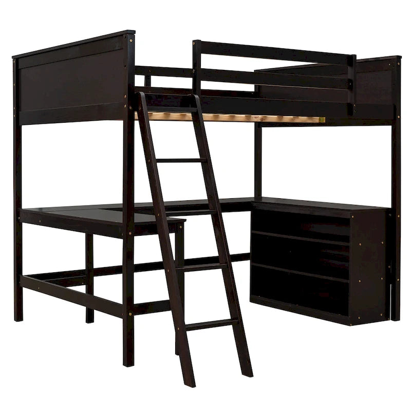 Cama alta de tamaño completo con estantes y escritorio, Cama alta de madera con escritorio - Espresso