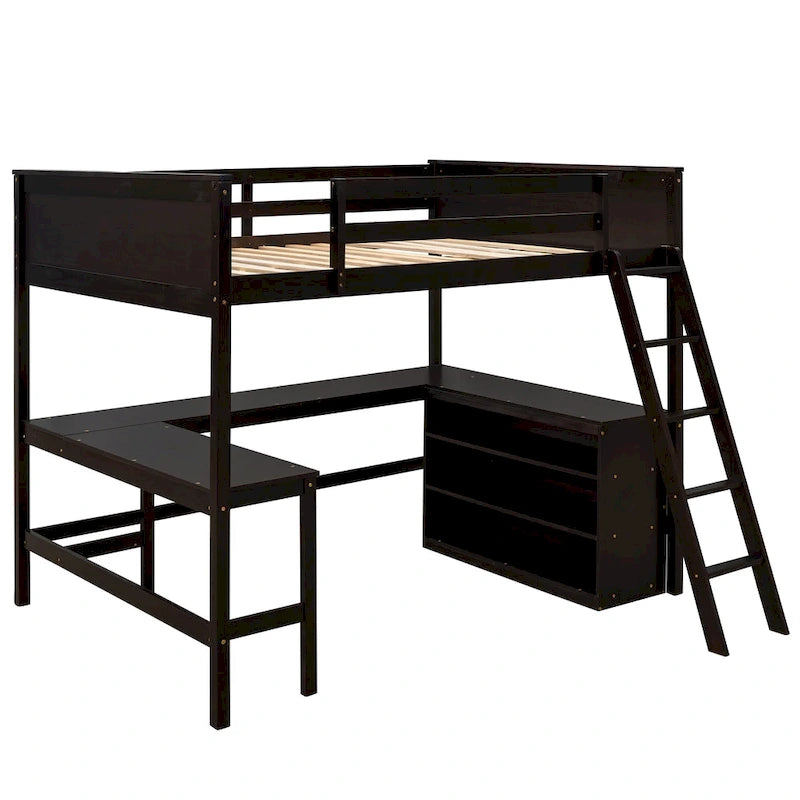 Cama alta de tamaño completo con estantes y escritorio, Cama alta de madera con escritorio - Espresso