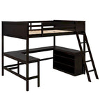 Cama alta de tamaño completo con estantes y escritorio, Cama alta de madera con escritorio - Espresso