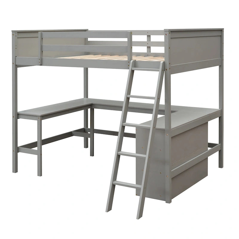 Cama alta de tamaño completo con estantes y escritorio, Cama alta de madera con escritorio - Espresso