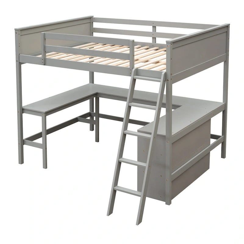 Cama alta de tamaño completo con estantes y escritorio, Cama alta de madera con escritorio - Espresso