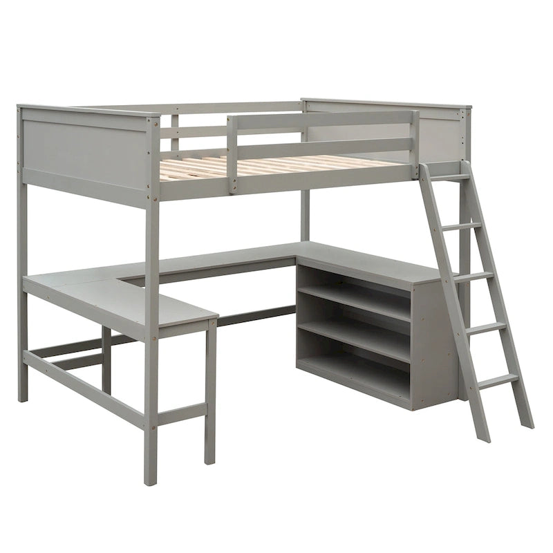 Cama alta de tamaño completo con estantes y escritorio, Cama alta de madera con escritorio - Espresso