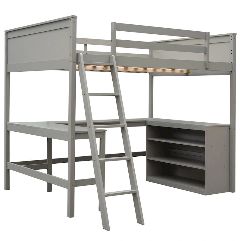 Cama alta de tamaño completo con estantes y escritorio, Cama alta de madera con escritorio - Espresso