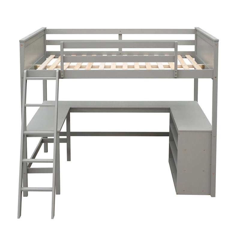 Cama alta de tamaño completo con estantes y escritorio, Cama alta de madera con escritorio - Espresso