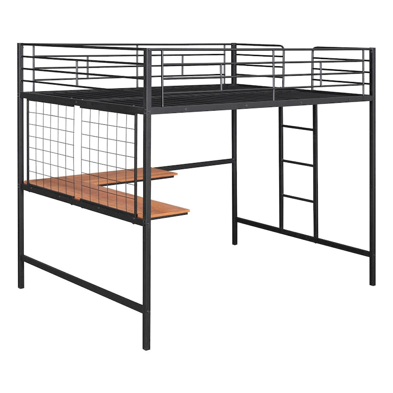 Cama alta Full Metal con escritorio y rejilla metálica, negra