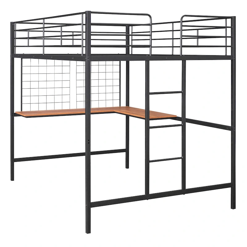 Cama alta Full Metal con escritorio y rejilla metálica, negra
